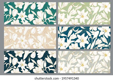 Set of vector backgrounds with golden flowers in line art style