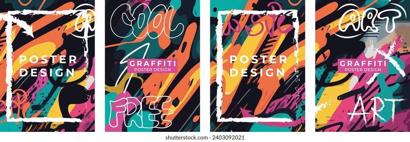 Conjunto de fondos vectoriales al estilo del graffiti. Arte mural, escribir en la pared. Plantilla para banner, afiche, portada, tarjeta. volante. Ilustración vectorial, elementos de diseño.