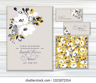 Set of vector backgrounds for greetings or invitations with lovely abstract white flowers, shapes and spots in light beige, golden colors. Greeting templates and seamless pattern with gentle blooming.