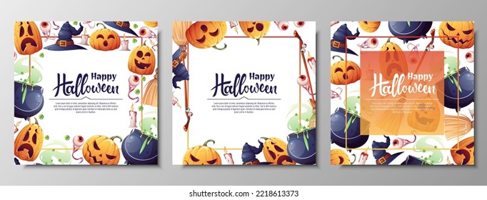 Set of vector backgrounds for Halloween invitation or greeting card. Pumpkins, witch's cauldron, broom hat. Great for flyer, banner, backdrop