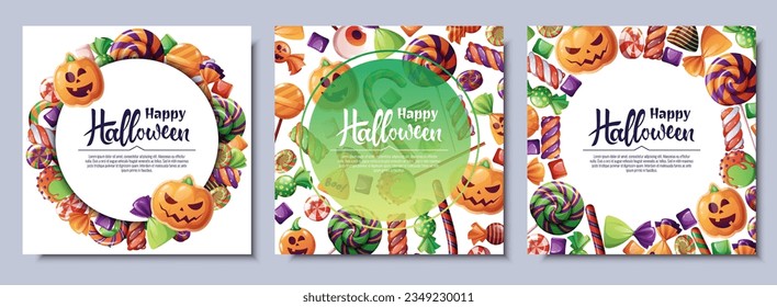 Set of vector backgrounds for Halloween invitation or greeting card. Poster, banner with pumpkin biscuits, candies, sweets, cookies, lollipops. Great for flyer, backdrop