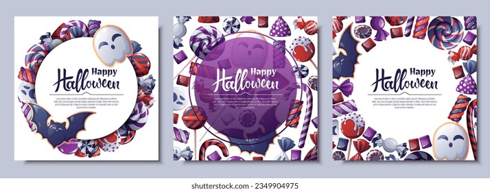 Set of vector backgrounds for Halloween invitation or greeting card. Poster, banner with ghost and bat cookies, candies, sweets, cookies, lollipops. Great for flyer, backdrop