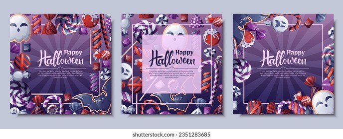 Set of vector backgrounds for Halloween invitation or greeting card. Poster, banner with ghost and bat cookies, candies, sweets, cookies, lollipops. Great for flyer, backdrop