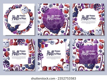 Set of vector backgrounds for Halloween invitation or greeting card. Poster, banner with ghost and bat cookies, candies, sweets, cookies, lollipops. Great for flyer, backdrop
