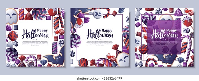 Set of vector backgrounds for Halloween invitation or greeting card. Poster, banner with ghost and bat cookies, candies, sweets, cookies, lollipops. Great for flyer, backdrop
