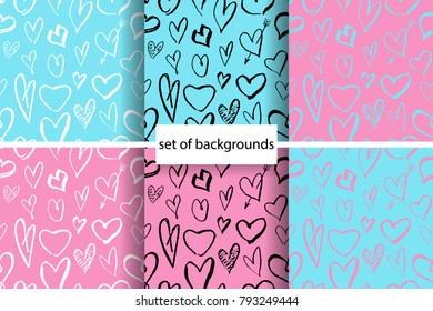 Set of vector backgrounds. Hand drawing, abstract background with hearts, for wrapping paper, textiles and print. Vector illustration.