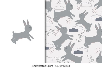 Set of vector backgrounds and illustrations with hare. Vector baby illustrations in cartoon hand drawn style for printing on clothes, interior design, packaging, printing.