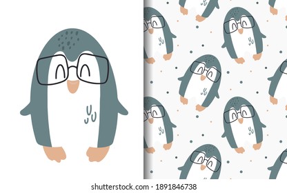 Set of vector backgrounds and illustrations with penguin. Children's illustrations in cartoon hand-drawn style for printing on clothes, interior design, packaging, printing.