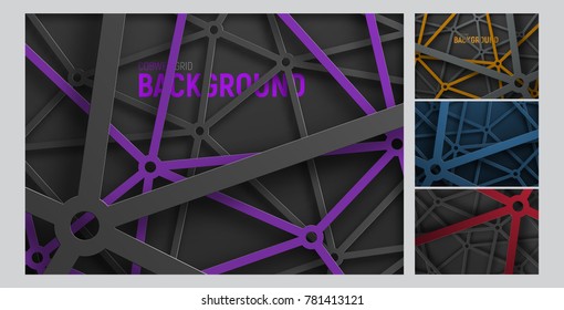 Set vector  of backgrounds in an intricate metal spider web of lines and circles. Template of abstract backdrop