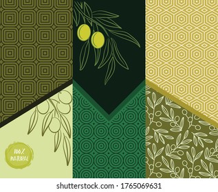 Set of vector backgrounds for label, package. Sketch hand drawn illustration of green olive branch. Concept for agriculture, organic food. Olive oil and cosmetics package design.