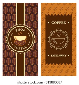 Set of vector backgrounds  for label, package or banner. Seamless pattern with linear coffee beans and cup. Abstract logo icon design. Concept for cafe, restaurant, menu, shop, flyer, poster design.
