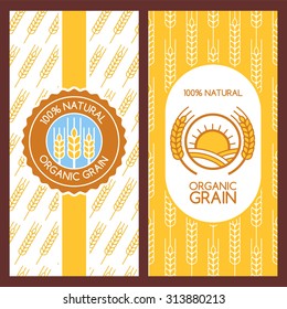 Set of vector backgrounds for label, package, banner. Seamless pattern with linear wheat ears. Abstract flat logo design. Concept for organic products, harvest, grain, flour, bakery, healthy food.

