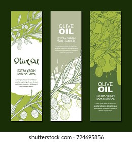 Set of vector backgrounds for label, package. Sketch hand drawn illustration of green olive branch. Concept for agriculture, organic food. Olive oil and cosmetics package badges.