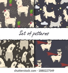 Set of vector backgrounds with lamas. Children's illustrations in cartoon hand-drawn style for printing on clothes, interior design, packaging, printing.