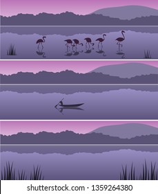 Set of vector backgrounds / landscapes. River, flamingos, boat, mountain, trees on the sunset.