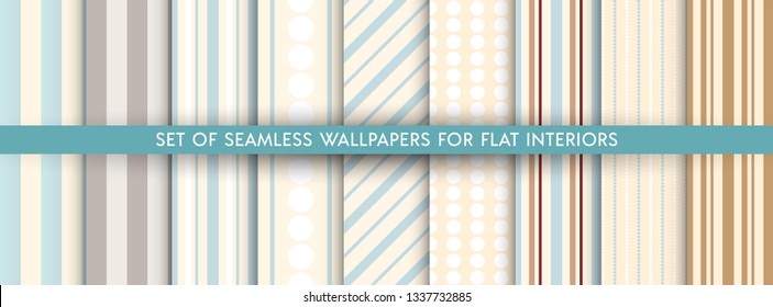 Set of vector backgrounds in retro style. Seamless pattern wallpaper with stripes and circles for flat interior. Office and home wall textures collection in pastel color