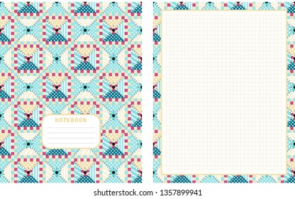 Set of vector backgrounds for school notebook, cover and blank page. Kawaii paper for handwriting letters, diary, planners, notes. Abstract illustration in patchwork, textile style. Squared version 