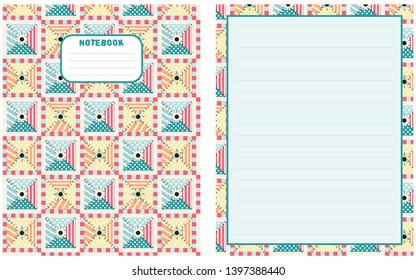 Set of vector backgrounds for school notebook, cover and blank page. Kawaii paper for handwriting letters, diary, planners, notes. Abstract illustration in patchwork, textile style. Lined version