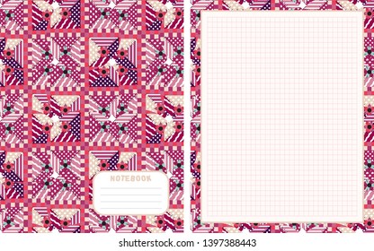 Set of vector backgrounds for school notebook, cover and blank page. Kawaii paper for handwriting letters, diary, planners, notes. Abstract illustration in patchwork, textile style. Squared version 