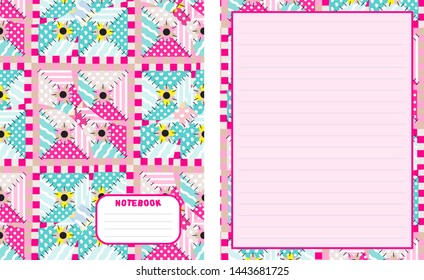 Set of vector backgrounds for school notebook, cover and blank page. Kawaii paper for handwriting letters, diary, planners, notes. Abstract illustration in patchwork, textile style. Lined version