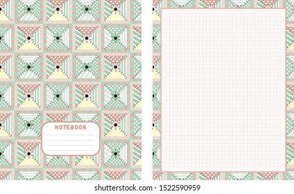 Set of vector backgrounds for school notebook, cover and blank page. Kawaii paper for handwriting letters, diary, planners, notes. Abstract illustration in patchwork, textile style. Squared version 