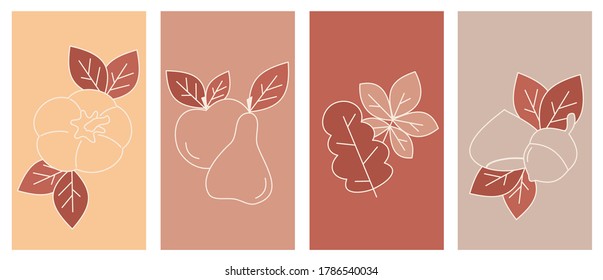 Set of vector backgrounds in simple linear style for social media platform, stories, banner with autumn fall elements: leaves, pumpkin, acorn, chestnut, apple and pear