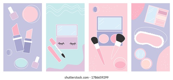 Set of vector backgrounds in simple linear style for social media platform, stories, banner with beauty and make up elements