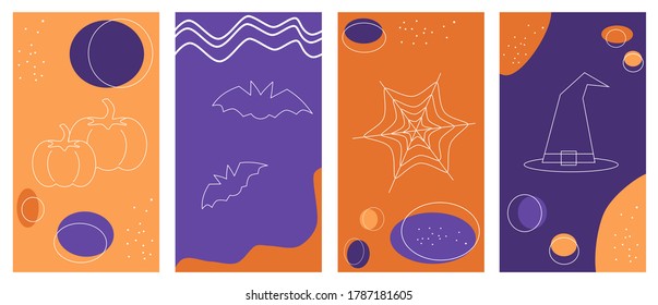 Set of vector backgrounds in simple linear style for social media platform, stories, banner with halloween elements