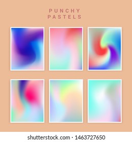 Set of vector backgrounds in sweet vibrant pastel tones, cute caramel colors. Refined holographic vibrant juicy palettes for poster or cover design in vaporwave style.