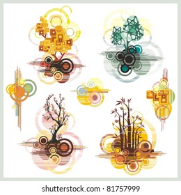 A set of vector backgrounds with trees and abstract design elements.