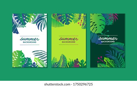 Set of vector backgrounds with tropical leaves. Design for social media story.