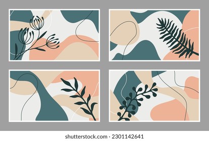 Set of vector backgrounds in warm colors with organic shapes and plant leaf images. Background for story and social media post, wedding invitation, greeting card, packaging, branding design, banner