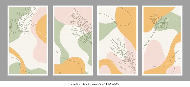 Set of vector backgrounds in warm colors with organic shapes and plant leaf images. Background for story and social media post, wedding invitation, greeting card, packaging, branding design, banner