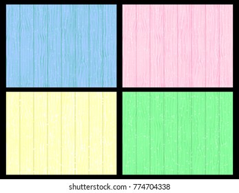 Set of vector backgrounds. Wooden wall blue, pink, yellow, green colors.
