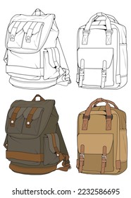 Set von Vektorrückseiten-Illustration. Rucksäcke für Studenten, Reisende und Touristen.
