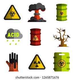 set of vector bad ecology icon image objects polluting the environment, nuclear and biological weapons