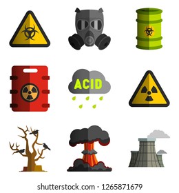 set of vector bad ecology icon image objects polluting the environment, nuclear and biological weapons