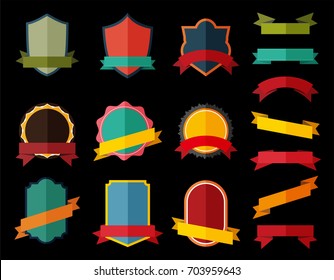 Set of Vector Badge with ribbon on Black background, Retro Labels and Ribbons color design,  Vintage logo website and mobile website badges, ads, print material, label frame design 