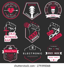 Set of vector badges and logos of rock music and rap classical music, electronic music and disco. The collection of symbols and emblems for printing T-shirts, festivals and parties.