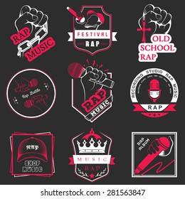 Set of vector badges and logos of rock music and rap classical music, electronic music and disco. The collection of symbols and emblems for printing T-shirts, festivals and parties.