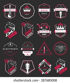 Set of vector badges and logos of rock music and rap classical music, electronic music and disco. The collection of symbols and emblems for printing T-shirts, festivals and parties.