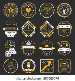 Set of vector badges and logos of rock music and rap classical music, electronic music and disco. The collection of symbols and emblems for printing T-shirts, festivals and parties.