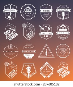 Set of vector badges and logos of rock music and rap classical music, electronic music and disco. The collection of symbols and emblems for printing T-shirts, festivals and parties.