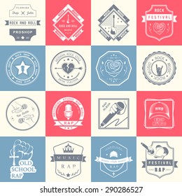 Set of vector badges and logos of rock music and rap classical music, electronic music and disco. The collection of symbols and emblems for printing T-shirts, festivals and parties.