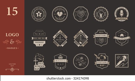 Set of vector badges and logos of rock music and rap classical music, electronic music and disco. The collection of symbols and emblems for printing T-shirts, festivals and parties.