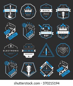 Set of vector badges and logos of rock music and rap classical music, electronic music and disco. The collection of symbols and emblems for printing T-shirts, festivals and parties.