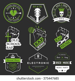 Set of vector badges and logos of rock music and rap classical music, electronic music and disco. The collection of symbols and emblems for printing T-shirts, festivals and parties.