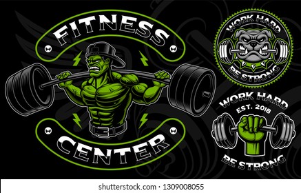 Set of vector badges, logos, shirt designs for the gym on the dark background. Text  is on the separate group and easy removable.