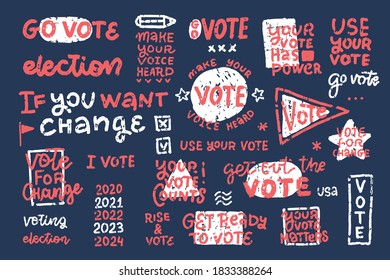 Set of vector badges in red and white frames with shapes, stars and lettering text on dark blue background. Textured grunge illustration