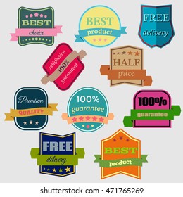 Set of Vector Badges with Ribbons. Web stickers and labels. Isolated vector illustration.
